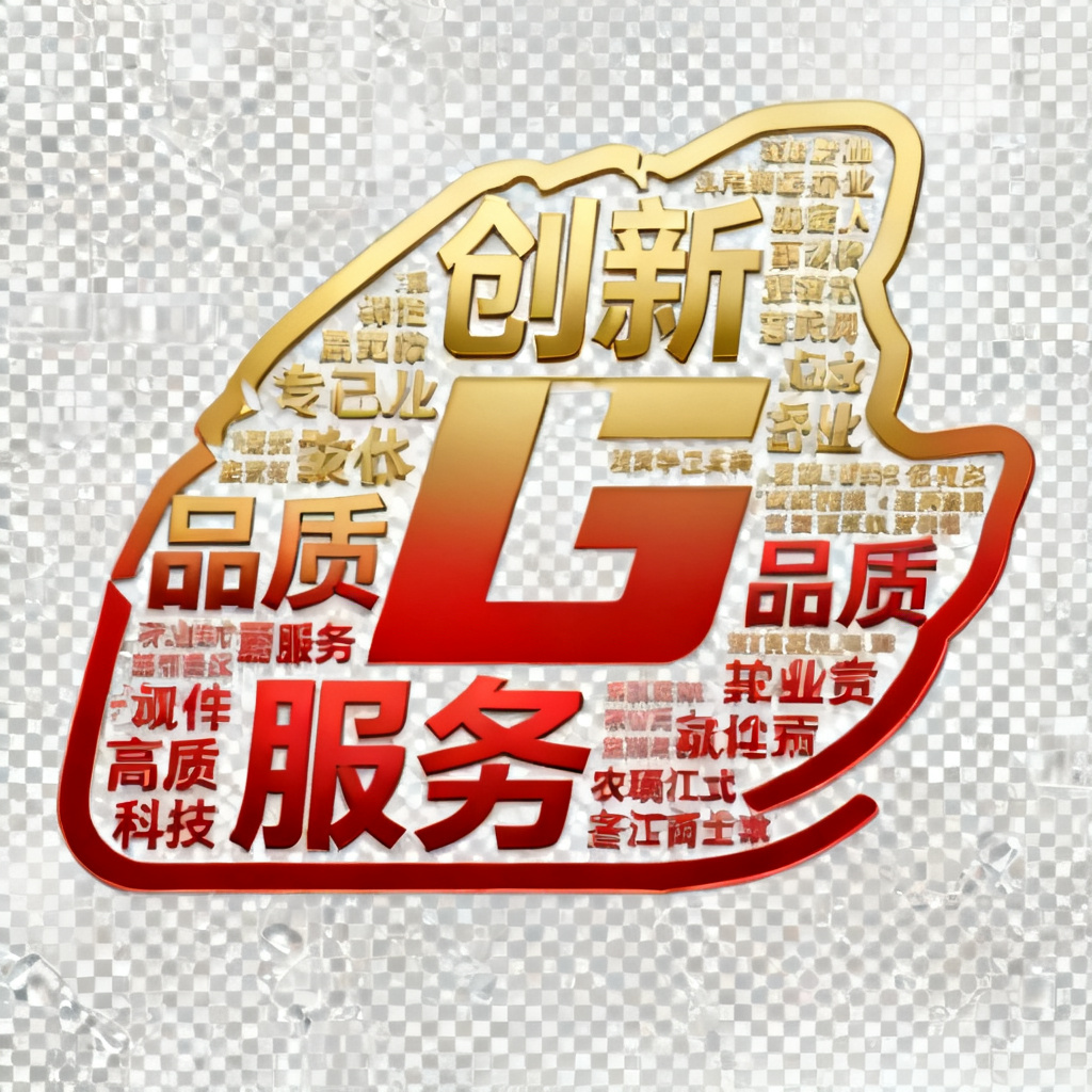 自定义形状的文字云，以企业LOGO轮廓为边界，关键词包括“创新”“品质”“服务”，字体颜色为渐变的金色和红色，背景透明，整体风格庄重大气