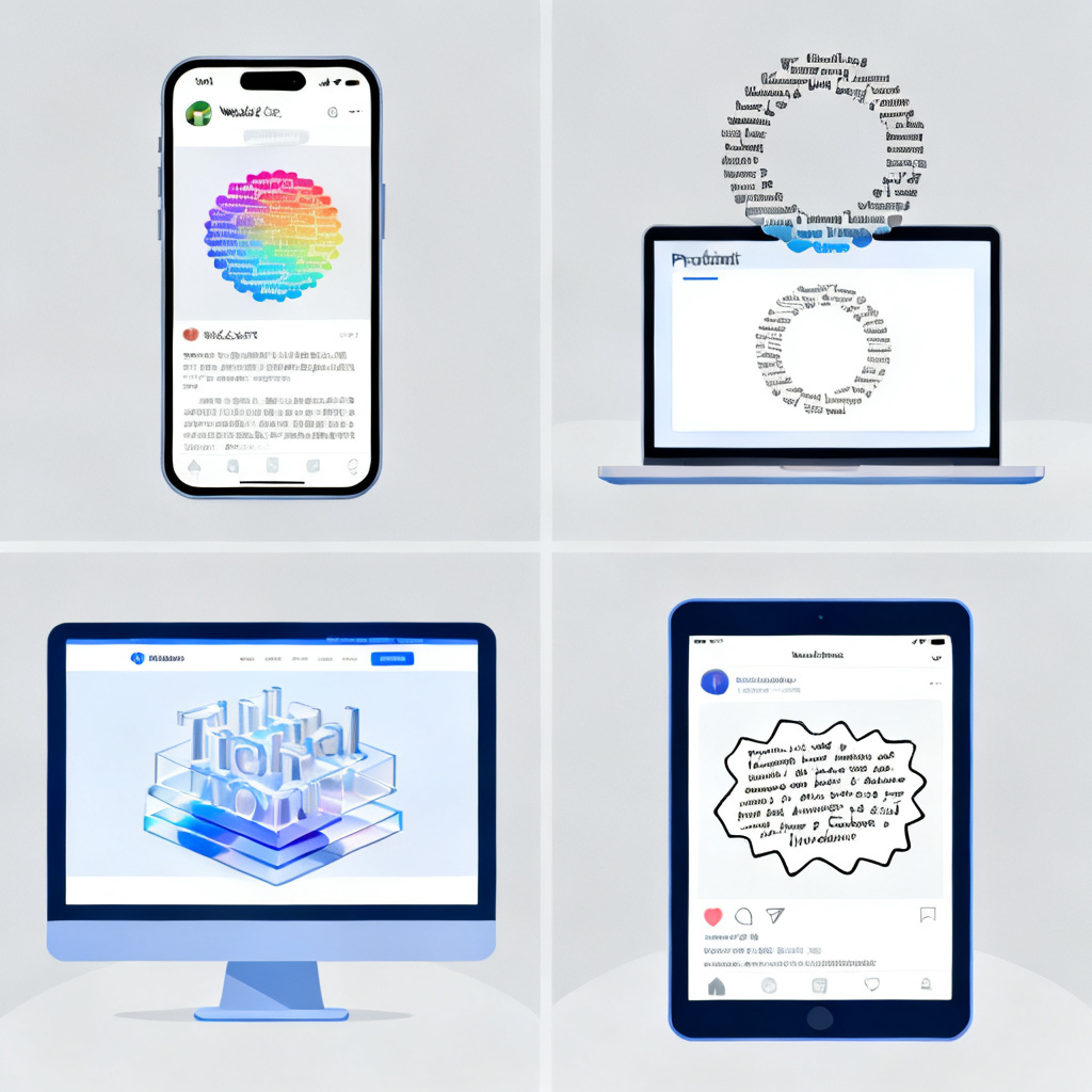 A split-screen illustration showing four different output scenarios: a WeChat public account article on a phone screen, a PowerPoint slide on a laptop, a website homepage on a desktop monitor, and a social media post on a tablet. Each scenario features a unique word cloud style, demonstrating cross-platform compatibility.