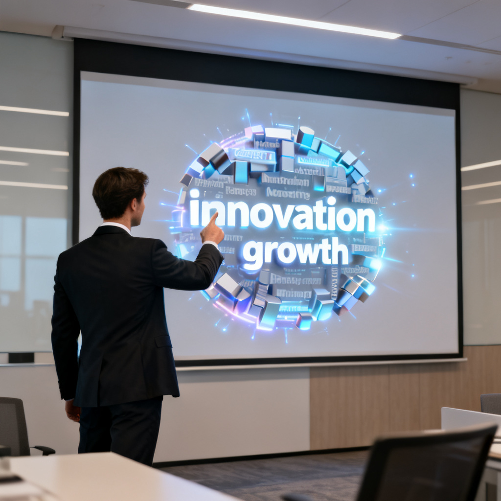 A sleek presentation slide with an interactive 3D word cloud embedded, keywords like "innovation" and "growth" glowing, business professional pointing at the screen, modern office setting.