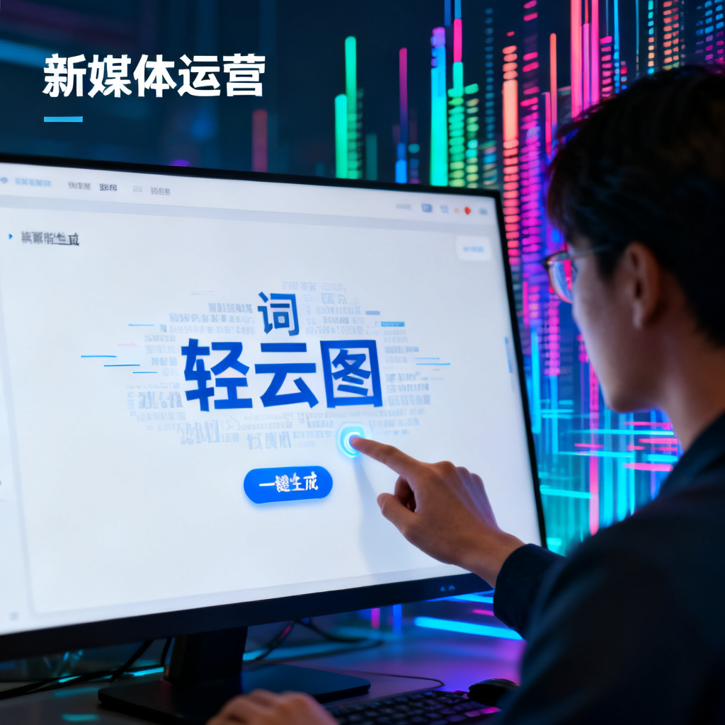 新媒体运营者使用轻云图界面,屏幕显示词云生成过程,鼠标点击‘一键生成’按钮,背景是彩色数据流