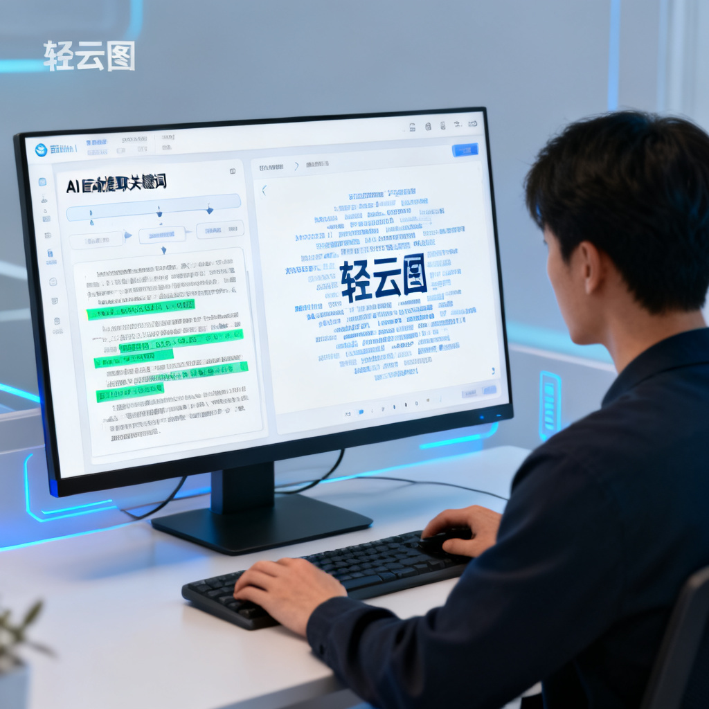 一个人正在电脑前操作轻云图界面,屏幕上显示AI自动提取关键词的过程,文本被高亮标记,右侧预览区实时生成文字云。