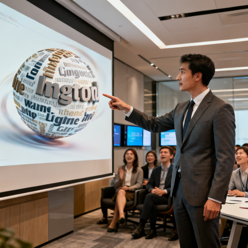 A business professional pointing at a 3D word cloud embedded in a PowerPoint slide, the word cloud is rotating slowly, audience looking impressed, modern conference room, photorealistic
