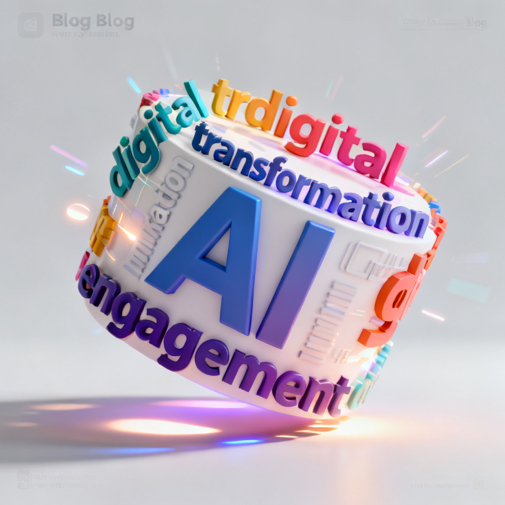 A vibrant 3D word cloud with rotating animation, featuring key marketing terms like 'digital transformation', 'AI', and 'engagement', displayed in a modern blog layout with dynamic lighting effects