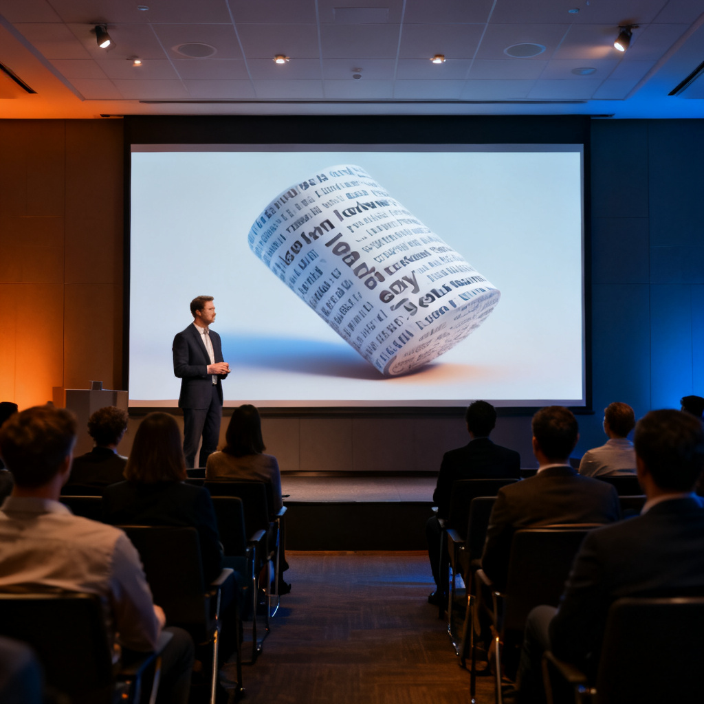 A professional presenter standing in front of a large screen, the screen displays a 3D word cloud rotating slowly, audience members are watching attentively, modern conference room with dimmed lights, realistic corporate style