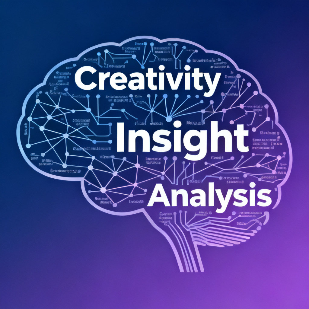 A word cloud shaped like a brain, with keywords "Creativity", "Insight", and "Analysis" arranged in neural network patterns. The background is a gradient of deep blue to purple.