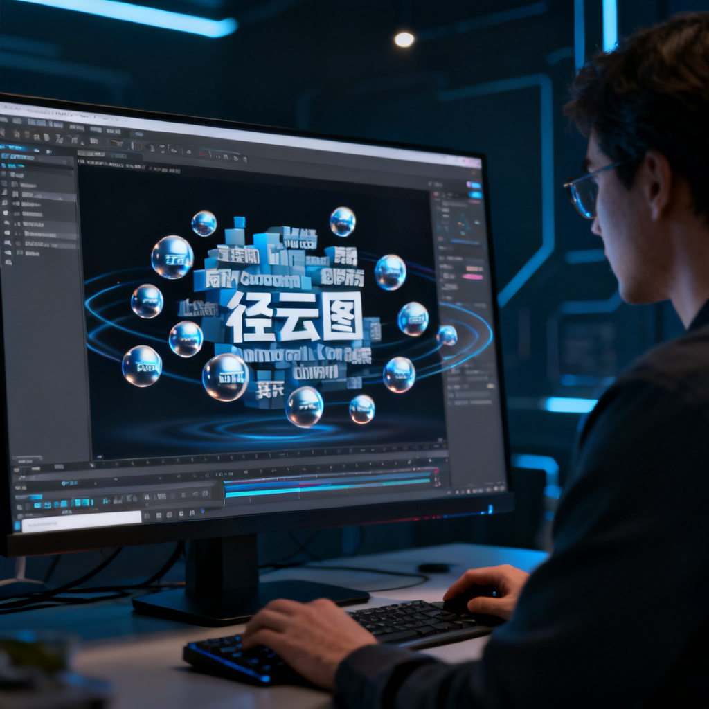 新媒体编辑在电脑前操作轻云图，屏幕上显示3D动态词云，关键词以立体球状排列并缓慢旋转，背景为深色科技感风格，灯光效果突出文字立体感。