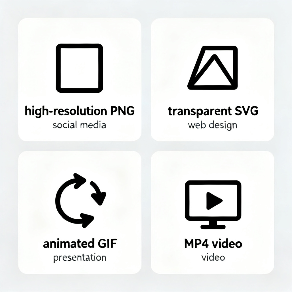A comparison grid showing four output formats: high-resolution PNG, transparent SVG, animated GIF, and MP4 video. Each format is labeled with its use case, such as "social media", "web design", "presentation", and "video". The grid uses a clean layout with icons.