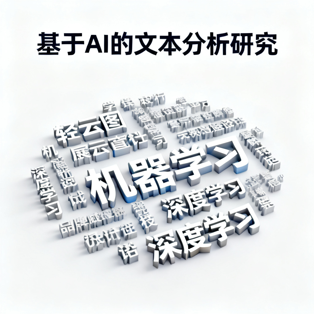 一张学术汇报PPT的截图，背景为白色，中央是轻云图生成的3D文字云，关键词“机器学习”“深度学习”等以立体形式呈现，字体大小按重要性排列。PPT标题为“基于AI的文本分析研究”。