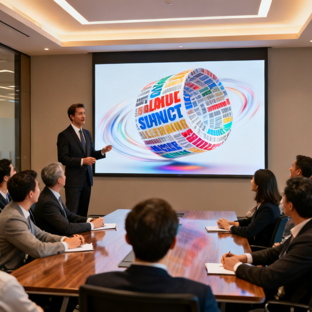 A professional presenting word cloud in a conference room, 3D model rotating on large screen, audience looking impressed, modern office setting