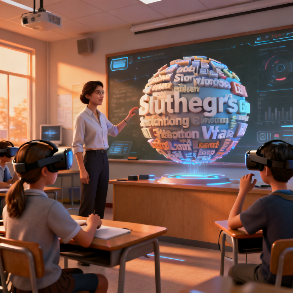 A teacher using a 3D word cloud model (GLB format) in a classroom, students wearing VR headsets interacting with the model, futuristic education setting, warm lighting