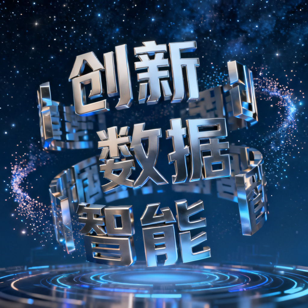 3D文字云动画效果，核心词语“创新”、“数据”、“智能”以立体金属质感呈现，从不同角度旋转，背景为深蓝色星空，周围有粒子光效，整体呈现科技与未来感