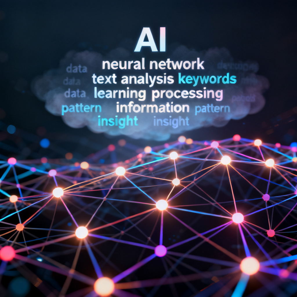 An abstract visualization of AI neural network analyzing text, extracting keywords as bright nodes, with a word cloud forming in the background