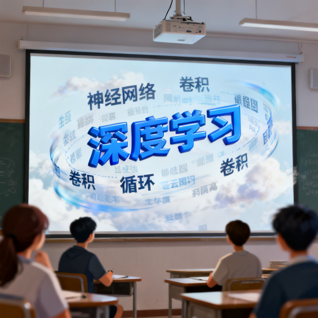 教育场景:教室投影仪上显示轻云图生成的动态GIF词云,核心词“深度学习”以蓝色立体字体突出,周围环绕“神经网络”“卷积”“循环”等关键词,词云以缓慢旋转动画呈现,学生专注观看