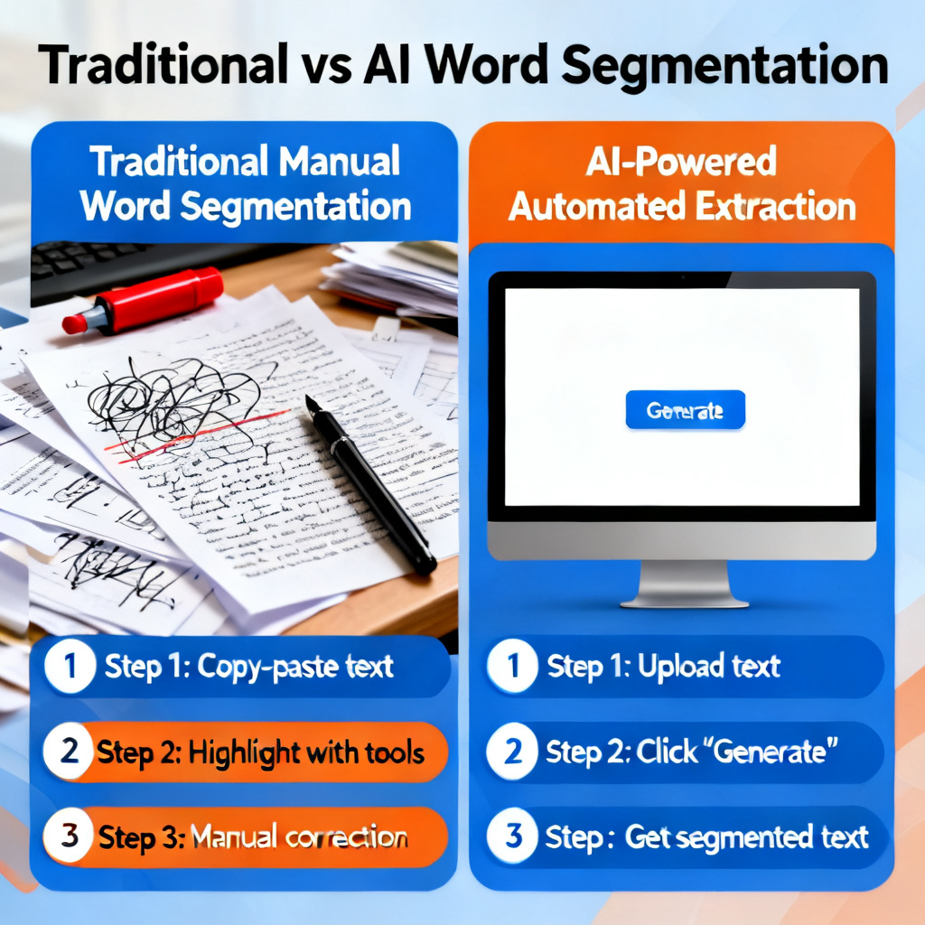 A comparison between traditional manual word segmentation process (showing messy text, highlighting tools, and time-consuming steps) and AI-powered automated extraction (clean interface with one-click generation).