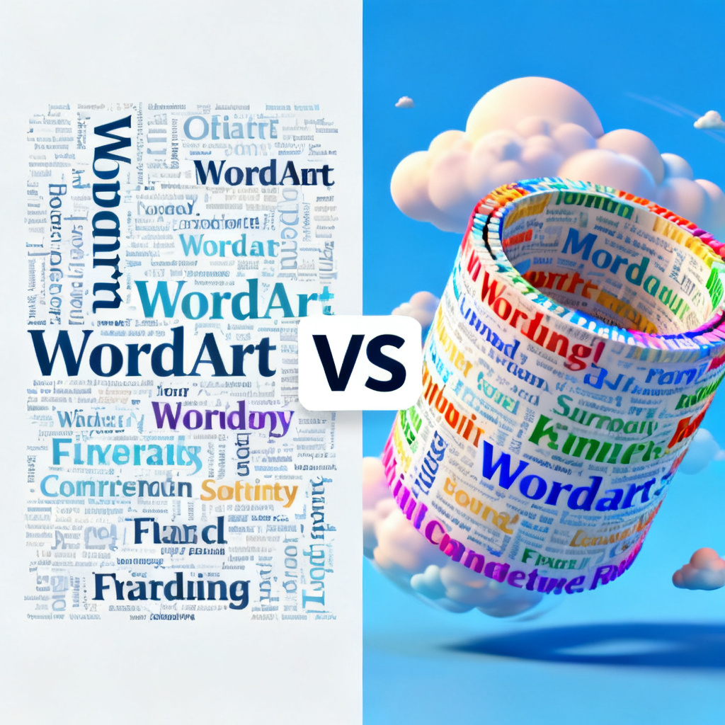 A split-screen comparison: left side shows a flat, messy word cloud from WordArt; right side shows a vibrant, 3D rotating word cloud from light cloud map, with a “VS” label in the middle.