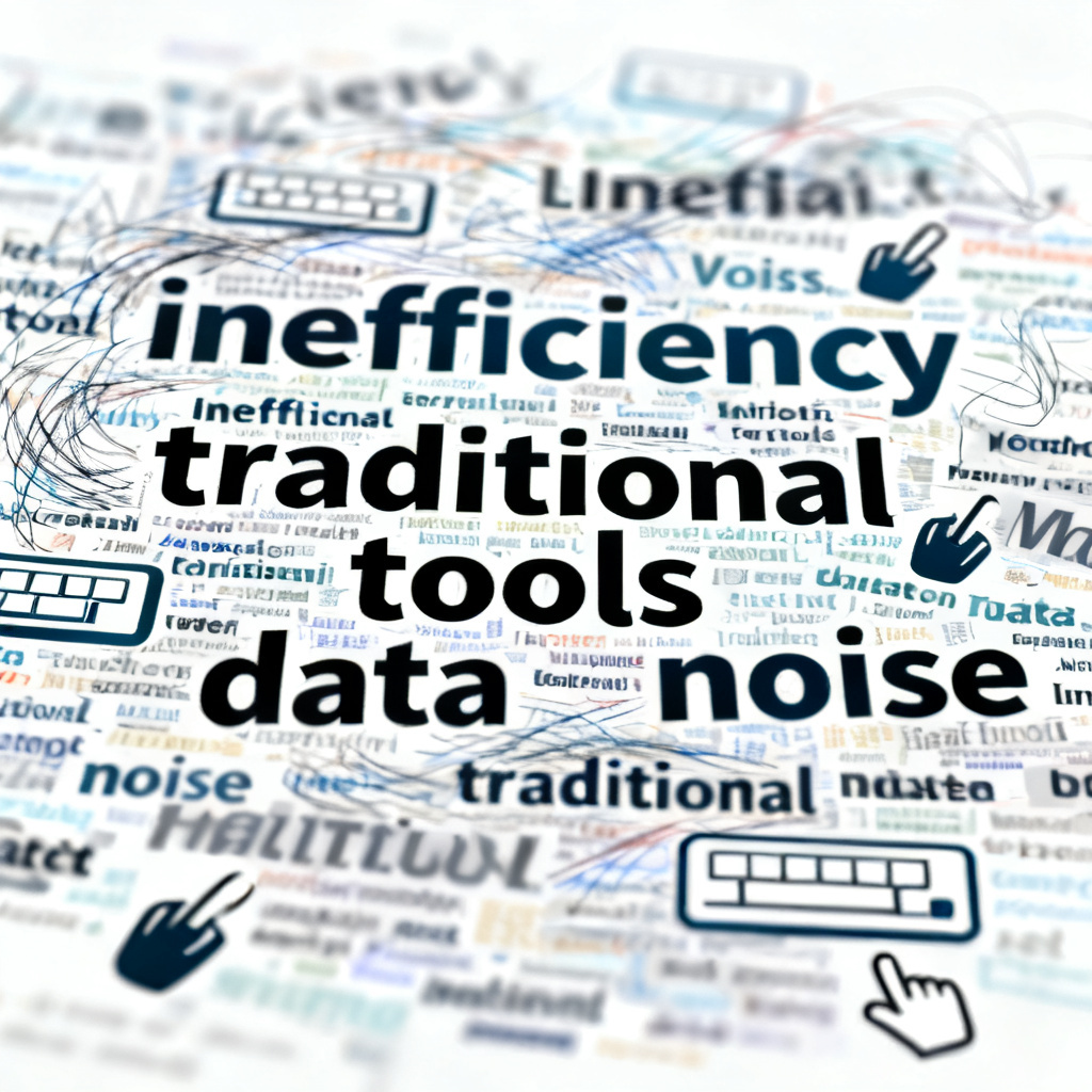 A chaotic data noise scene with scattered text fragments, keyboard clicks, and mouse movements, visualized as a blurry, static 2D word cloud with overlapping words, representing the inefficiency of traditional tools