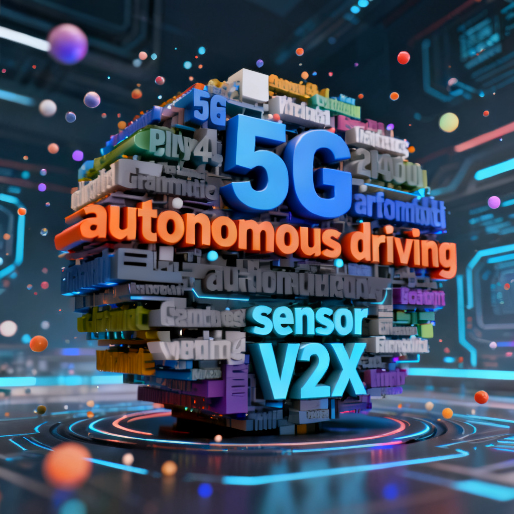 A dynamic 3D word cloud rotating slowly, with keywords like "5G", "autonomous driving", "sensor", "V2X" in different sizes and colors, set against a futuristic tech background, with particle effects floating around, 4K resolution