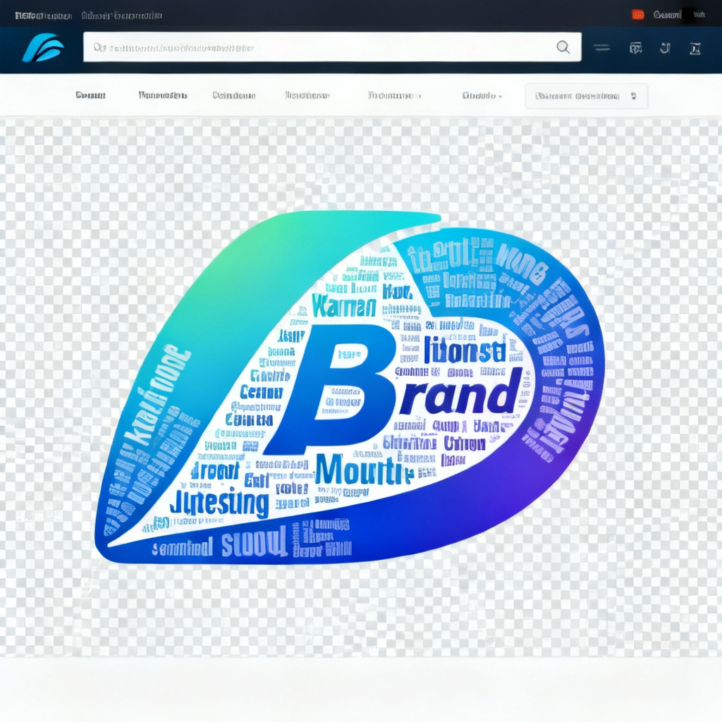 A word cloud in a custom brand logo shape, with gradient colors and transparent background, for website integration