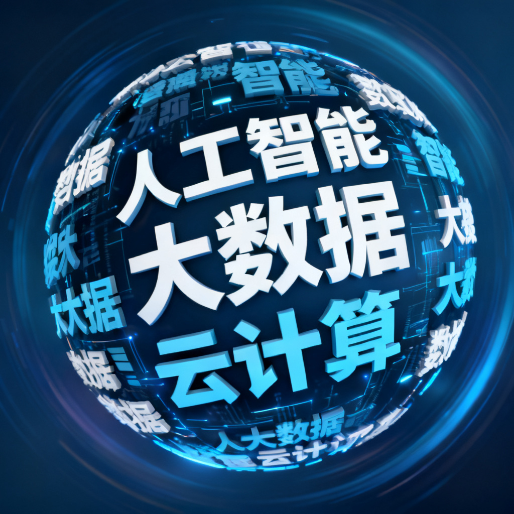 3D球体形状的文字云，关键词包括“人工智能”“大数据”“云计算”，以动态旋转效果展示，背景为深蓝色渐变光晕，字体为白色和浅蓝色，整体科技感强烈