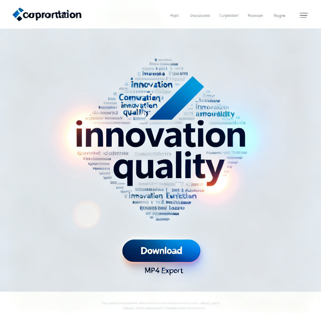 A corporate website homepage featuring a word cloud in the shape of the company logo, with keywords like "innovation" and "quality" glowing softly, and a "Download" button for MP4 export.