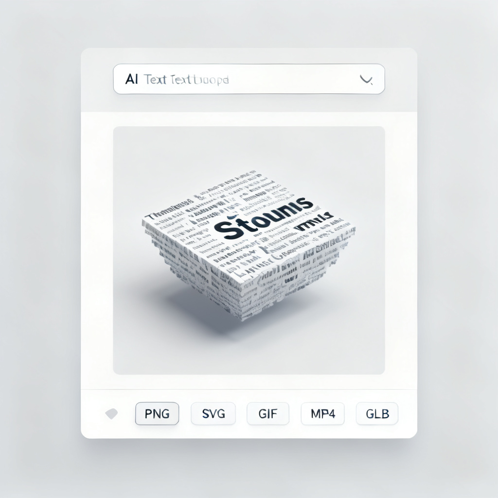 A clean, minimalist interface of Light Cloud Diagram showing an AI-powered text input field, a 3D word cloud preview, and multiple export options (PNG, SVG, GIF, MP4, GLB), representing the core functionality and ease of use