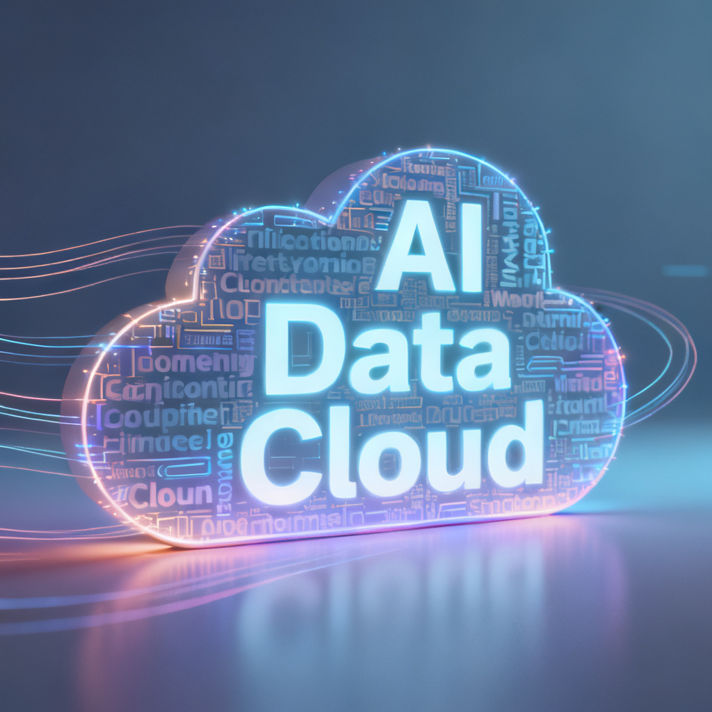 A glowing word cloud shaped like a brand logo, composed of keywords like "AI", "Data", "Cloud", with a futuristic gradient background and subtle animation trails