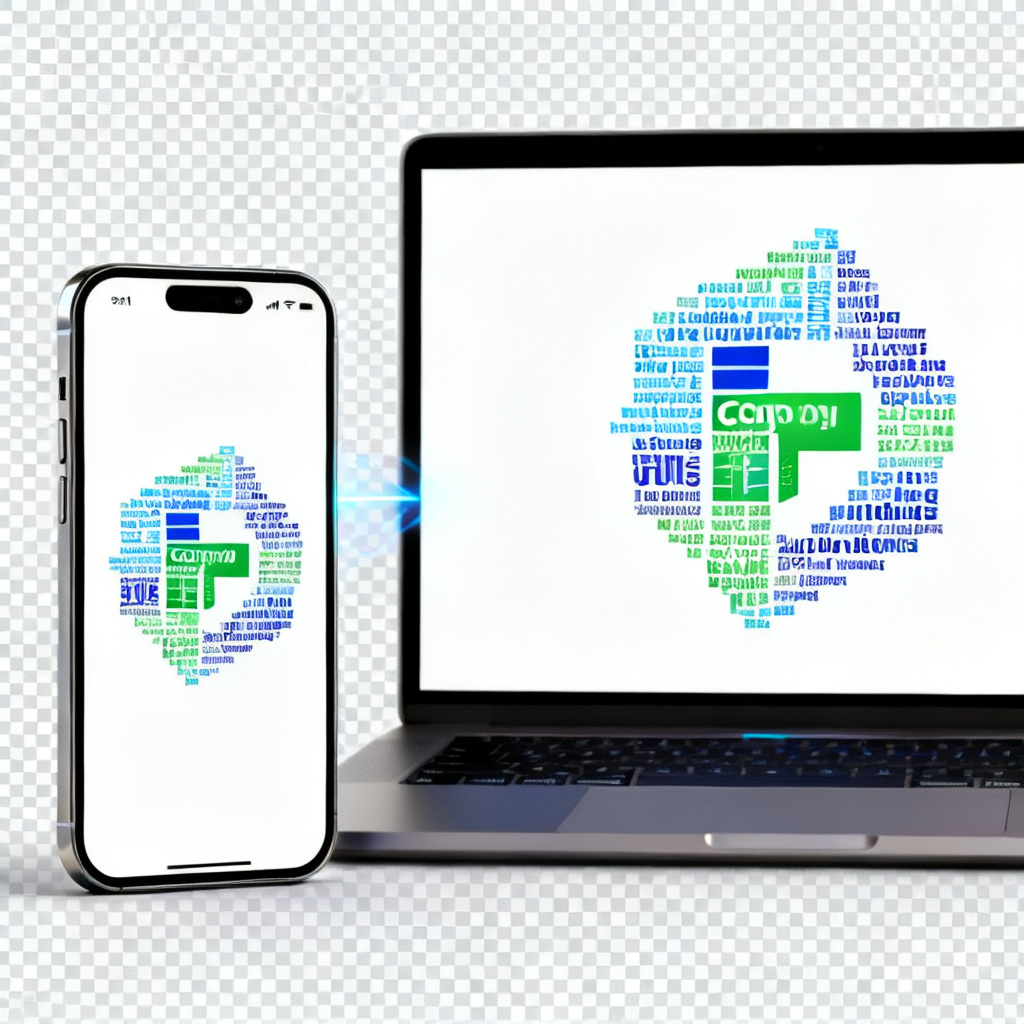 A word cloud in the shape of a company logo, with custom brand colors and fonts, exported as a transparent PNG and an animated GIF, shown on a smartphone and a laptop screen.