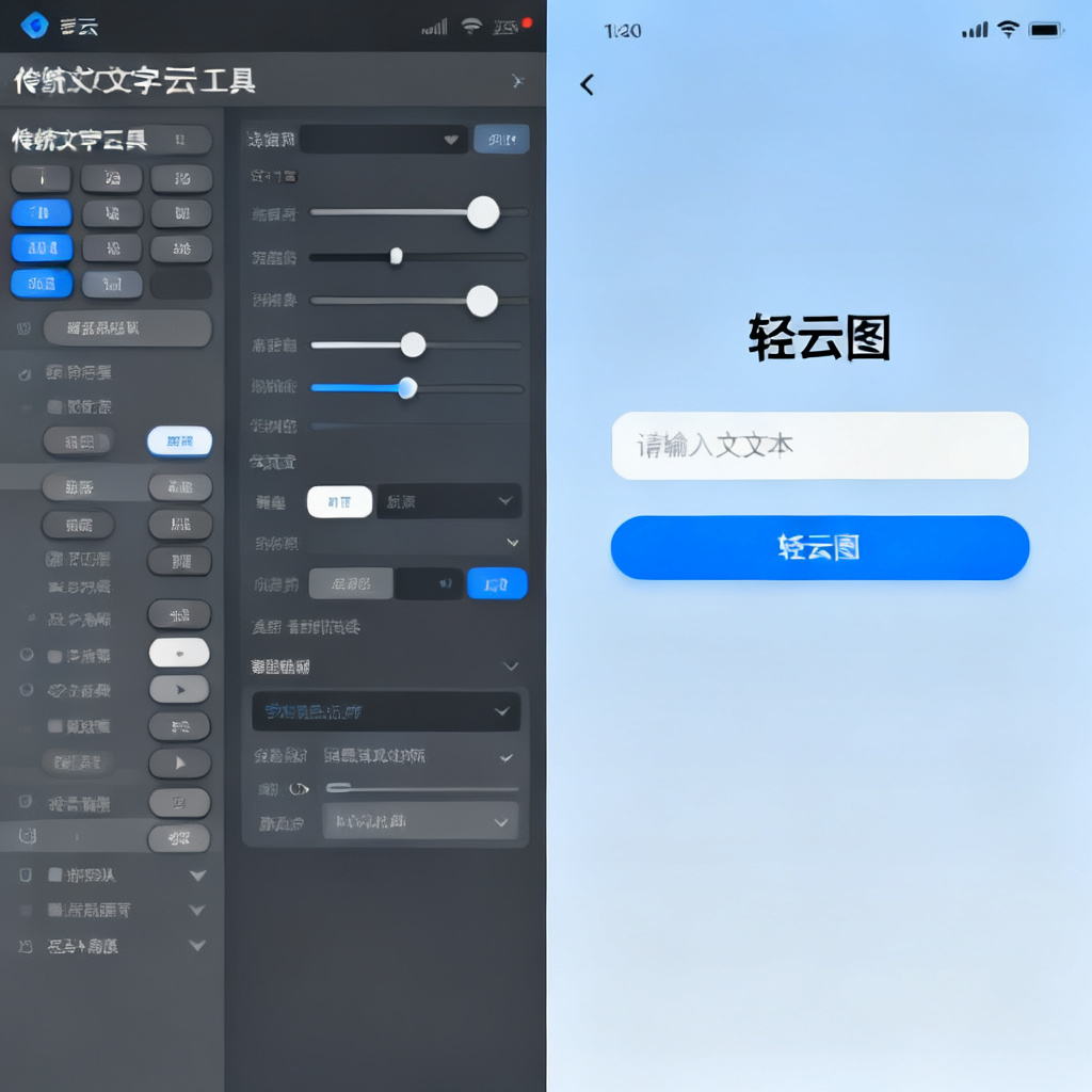 对比图：左侧展示传统文字云工具复杂的操作界面，布满按钮和滑块；右侧展示轻云图一键生成的简洁流程，仅需输入文本和点击按钮。