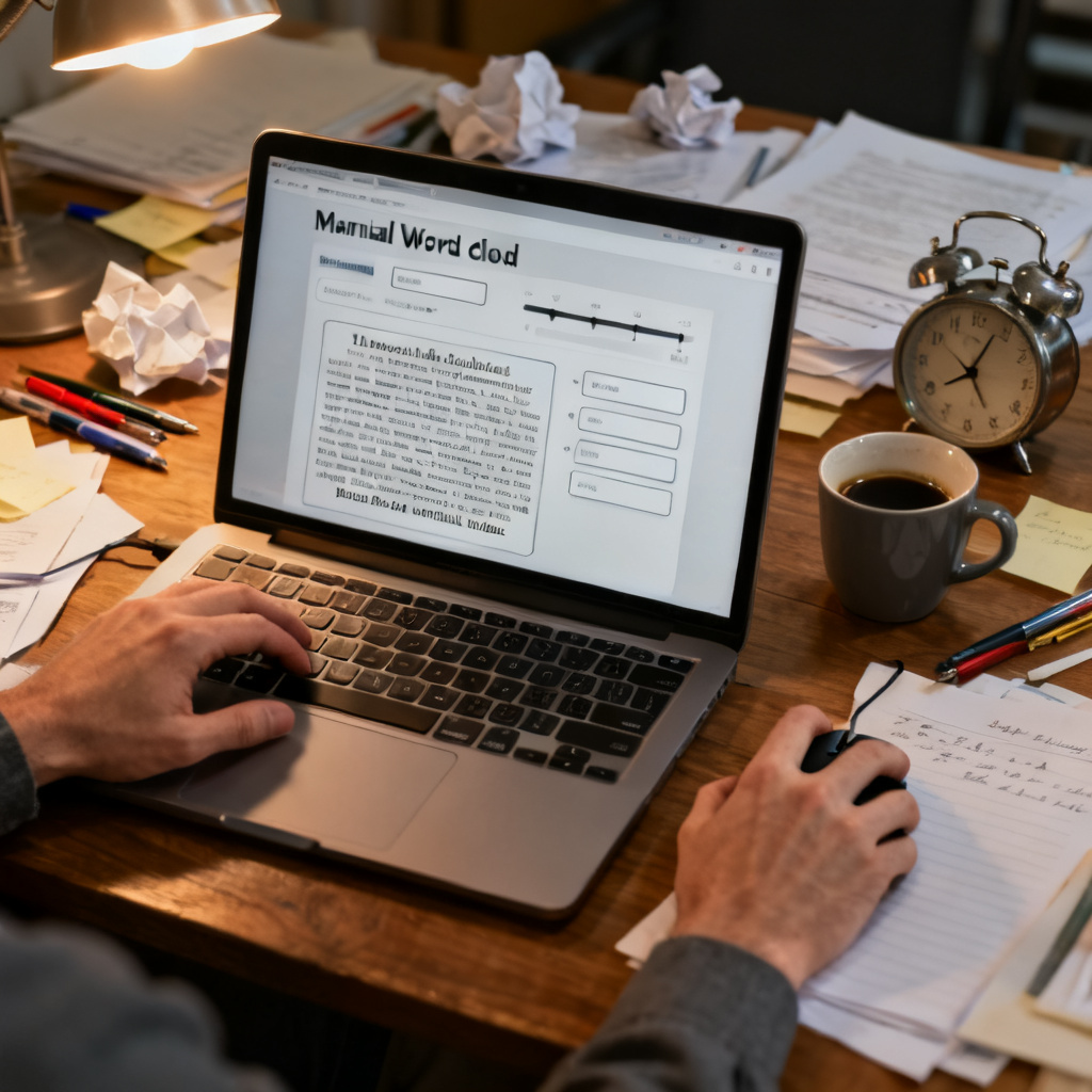 A cluttered desk with a laptop showing a manual word cloud tool interface, where a user is typing words and adjusting font sizes by hand, symbolizing the inefficiency of traditional tools