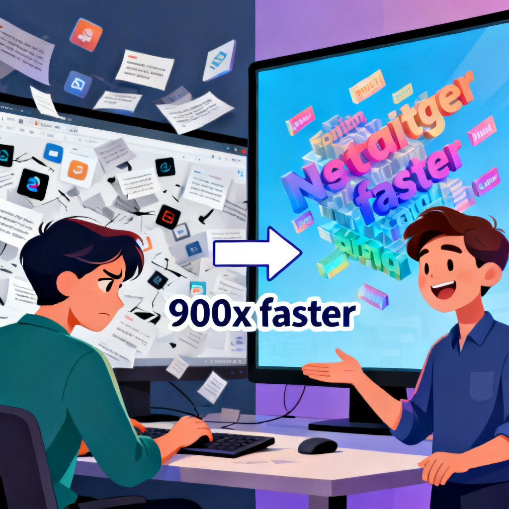 A split-screen comparison showing a user before using a word cloud tool (frustrated, staring at a messy interface) and after using the tool (smiling, presenting a beautiful 3D word cloud on a large screen), with an arrow labeled "900x faster" connecting the two scenes
