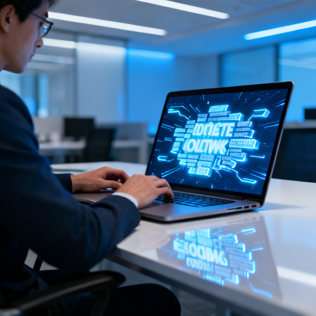 A person using a laptop with a glowing 3D word cloud on the screen, in a modern office setting, symbolizing efficient data visualization.