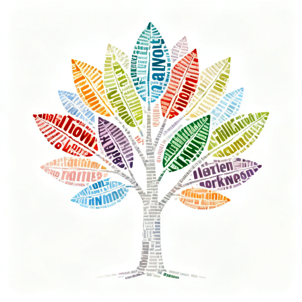 A word cloud shaped like a tree, with leaves made of words, colorful and artistic, set in a minimalist white background