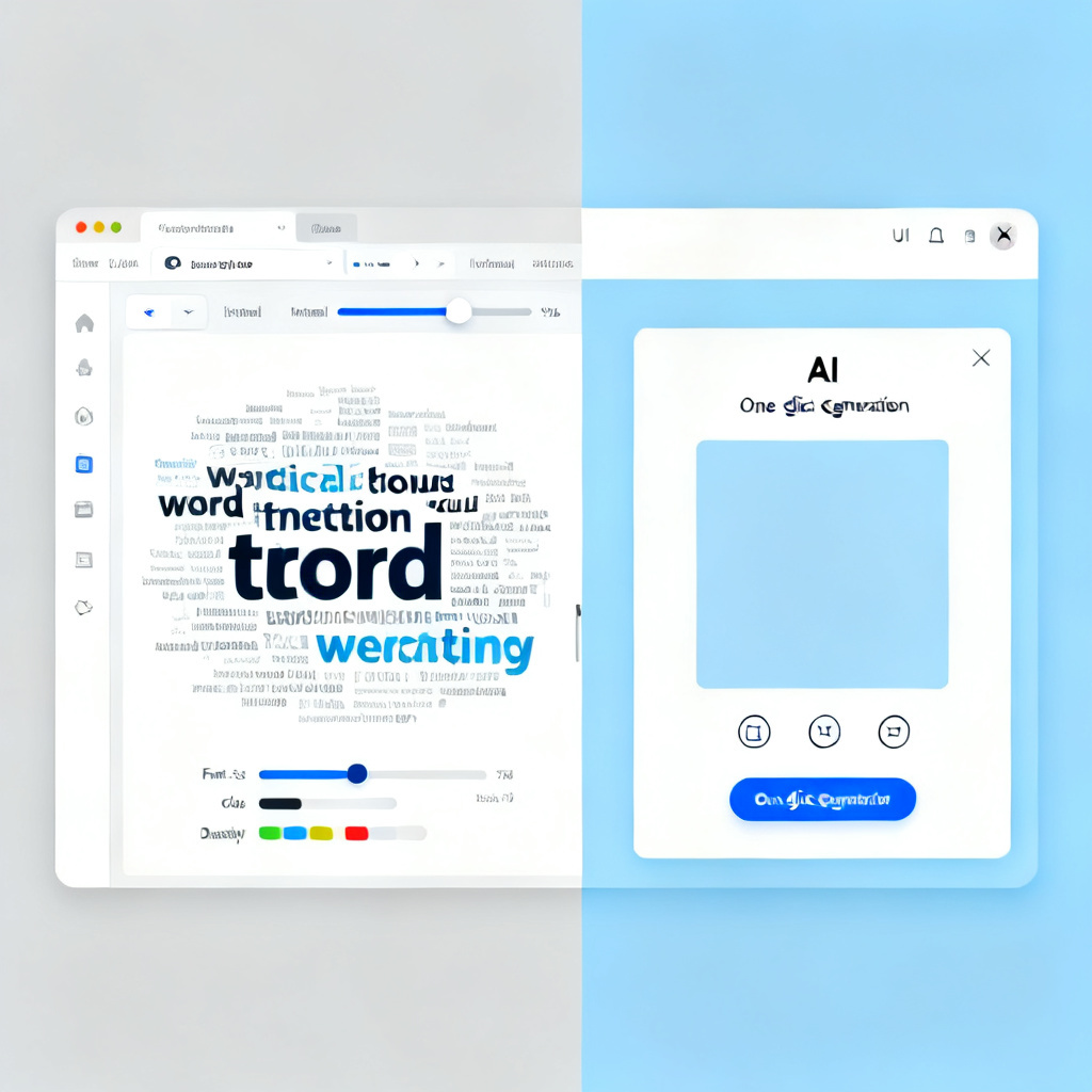 Split screen comparison, left side showing a cluttered traditional word cloud tool interface with manual sliders, right side showing a clean AI-powered interface with one-click generation