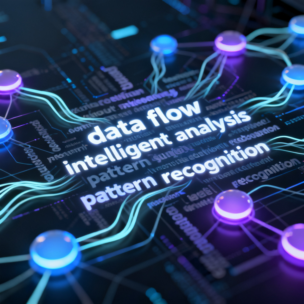 An abstract, futuristic data visualization scene with glowing nodes and interconnected lines, forming a dynamic word cloud in the center, symbolizing the intelligent processing and visual beauty of data.