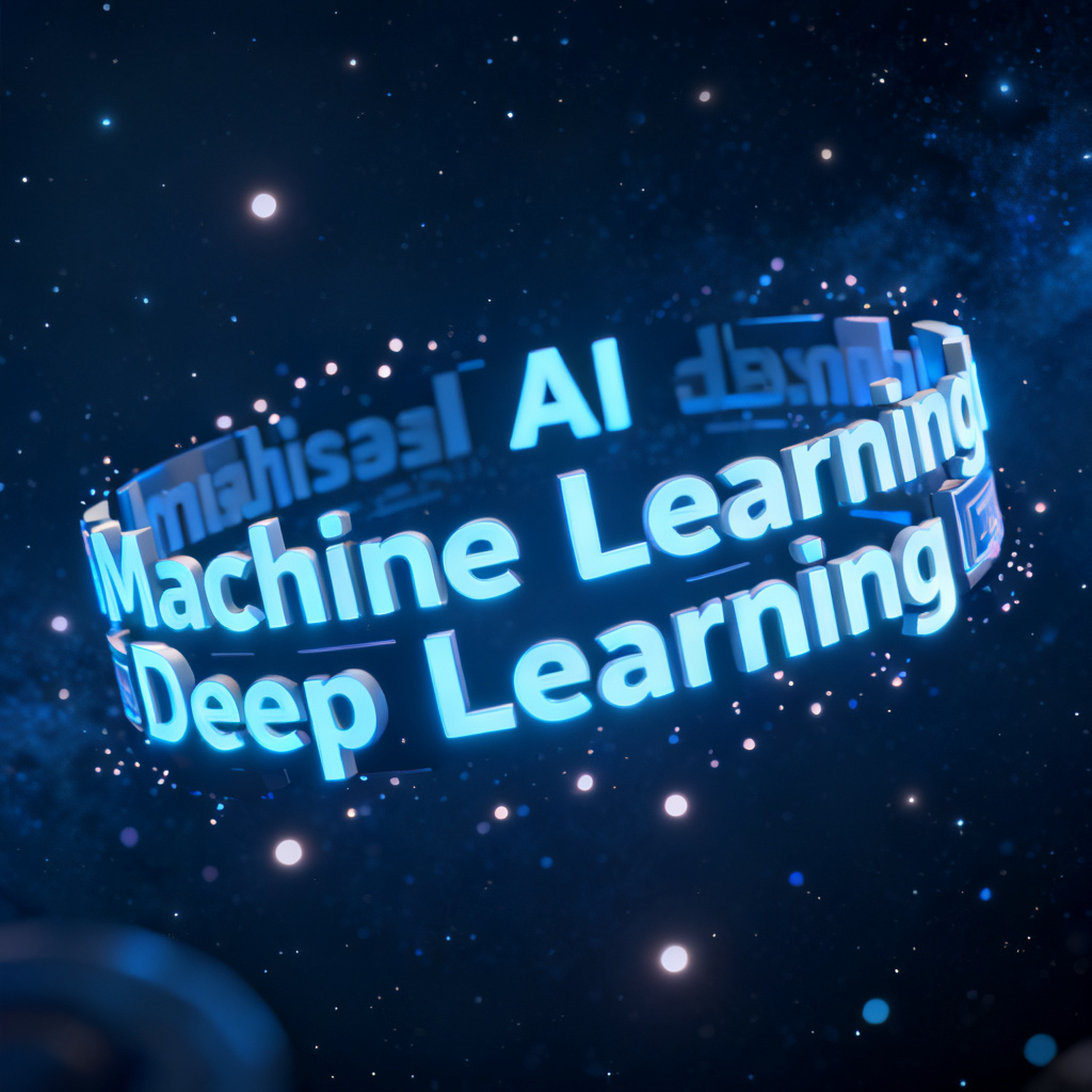 A futuristic 3D word cloud animation floating in a dark blue space, with glowing keywords like "AI," "Machine Learning," and "Deep Learning" rotating slowly, emitting soft light particles, high-definition, cinematic lighting.