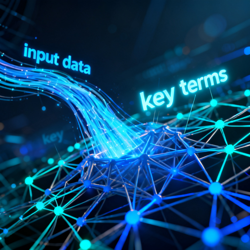 Abstract visualization of AI semantic analysis, with text flowing into a neural network and emerging as key words, glowing connections, tech style