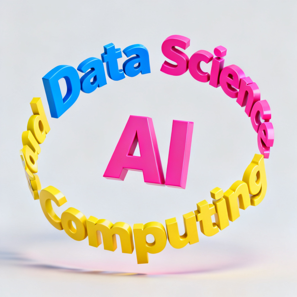 A 3D word cloud with animated rotation, displaying key terms like "Data Science", "AI", "Cloud Computing" in vibrant colors, representing the output of a modern AI tool.