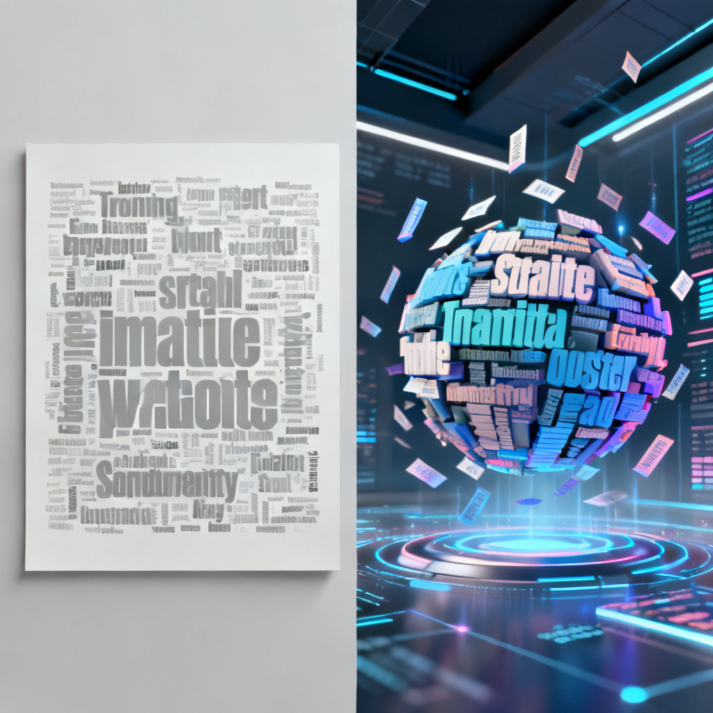 A side-by-side comparison of a flat, 2D traditional word cloud (dull, monochrome, static) and a vibrant, 3D dynamic word cloud with animation effects, floating in a modern digital environment. The 3D version looks like a futuristic data visualization.