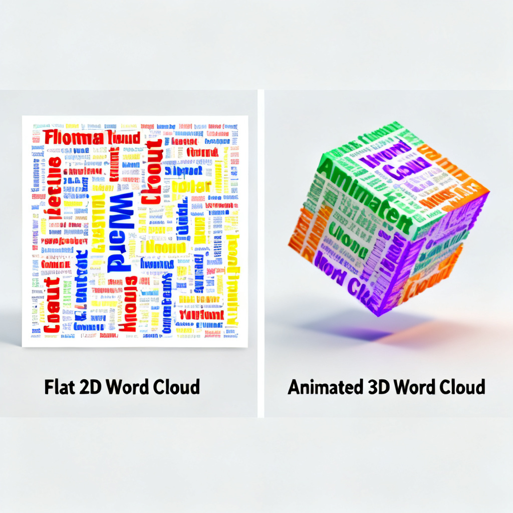 Side-by-side comparison: flat 2D word cloud vs. animated 3D word cloud, vibrant colors, professional style