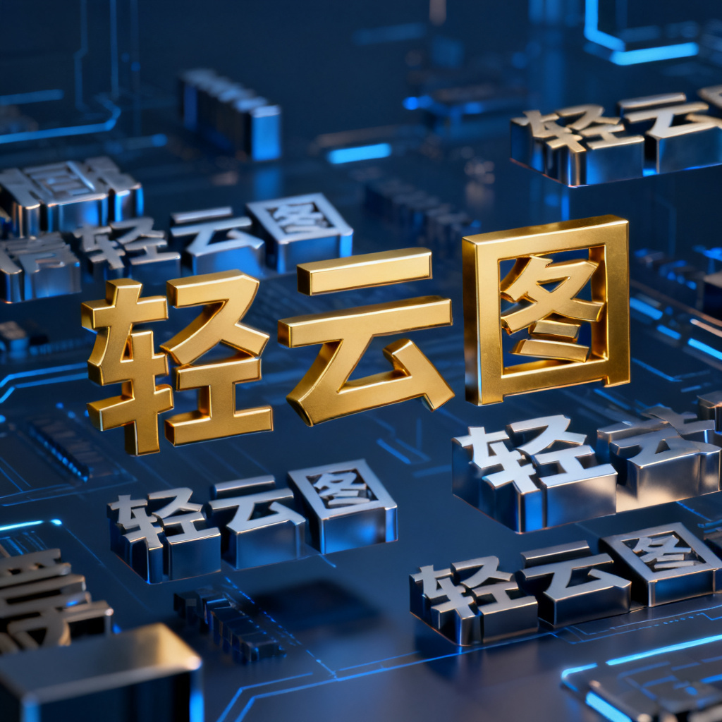 3D文字云悬浮在深蓝色科技背景中，关键词“轻云图”以金色立体字突出显示