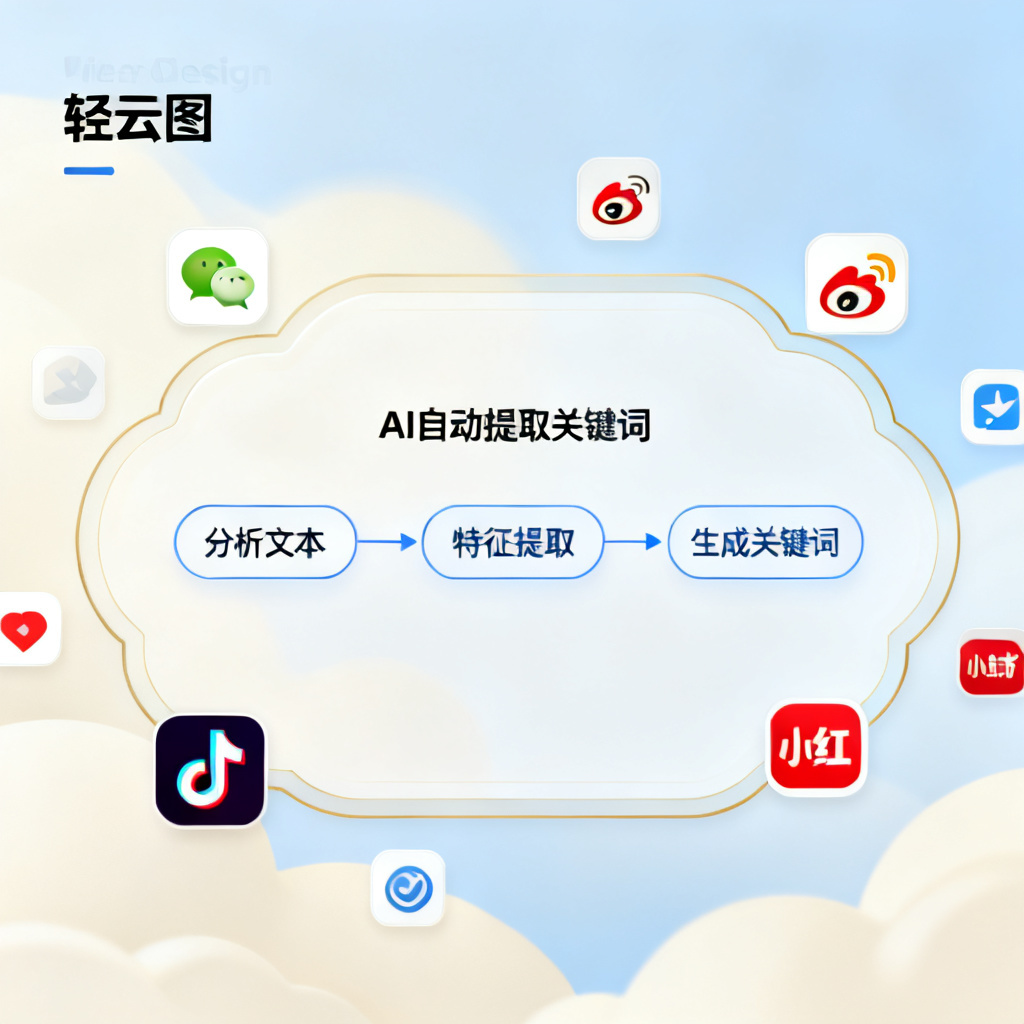 简洁的轻云图界面,显示AI自动提取关键词的过程,周围有社交媒体图标表示多平台应用。