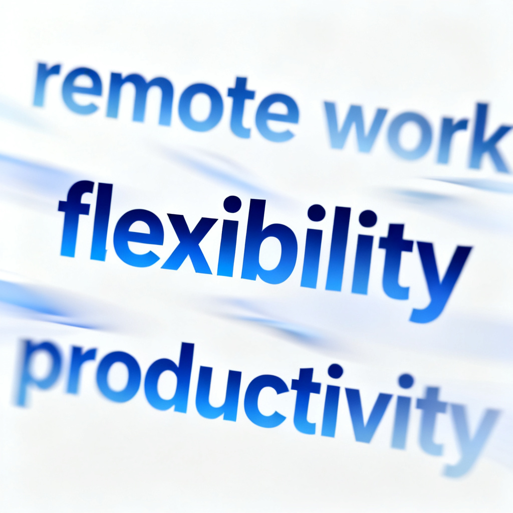 A dynamic GIF word cloud with animated text floating, keywords like "remote work", "flexibility", "productivity" in soft blue gradient, set against a white background, smooth motion blur effect