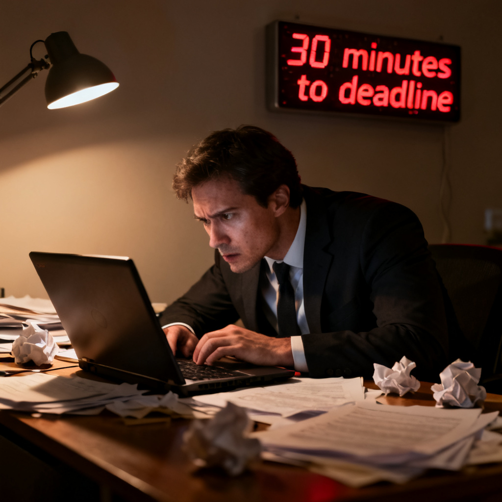 A stressed professional working on a laptop in a dimly lit office, clock showing 30 minutes to deadline, papers scattered, intense focus
