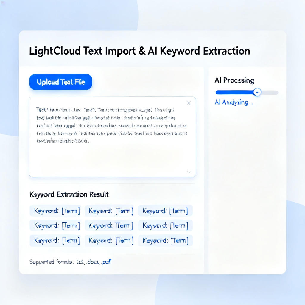 A user interface showing the process of importing text into LightCloud, with AI automatically extracting keywords.