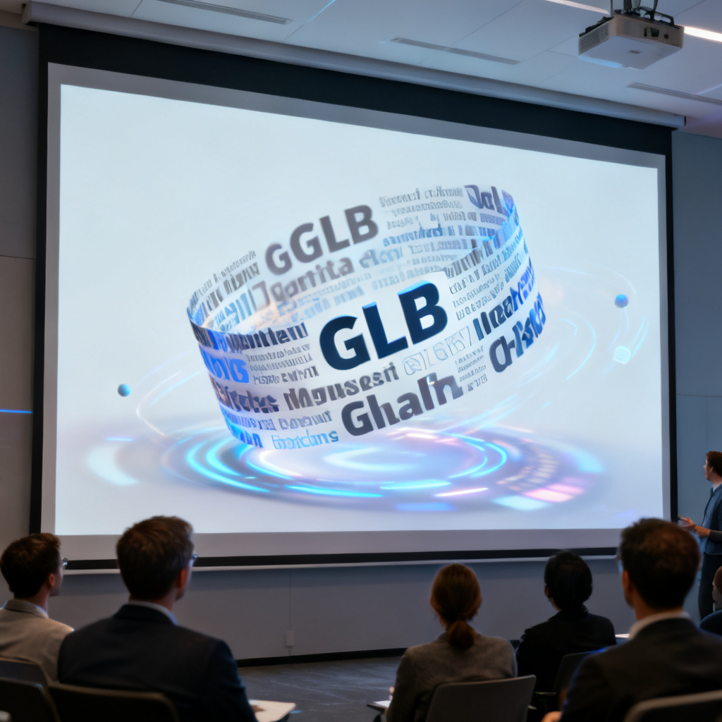用户将GLB格式3D文字云嵌入PPT演示，在投影屏幕上互动旋转，观众注视