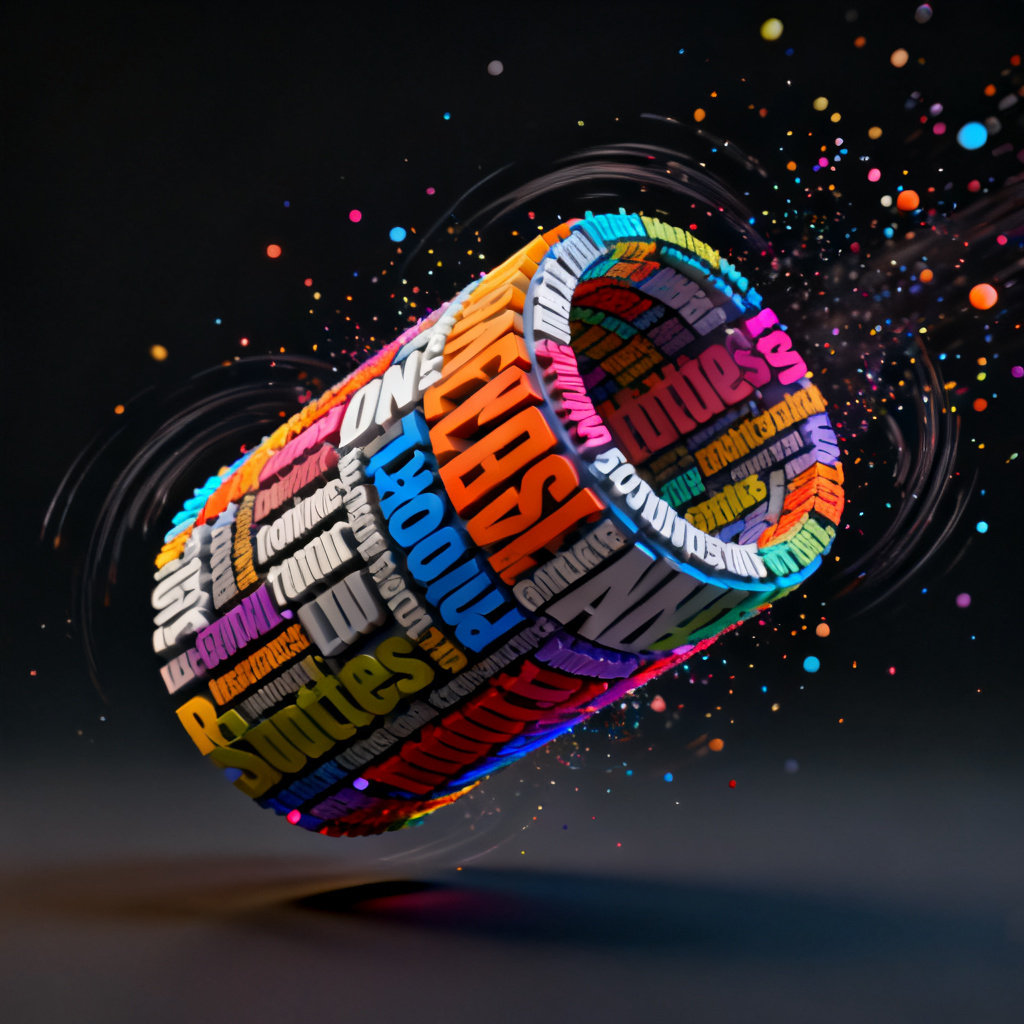 A dynamic 3D word cloud rotating in space, with keywords in different sizes and colors, particles floating around, and a dark background highlighting the vibrant text elements