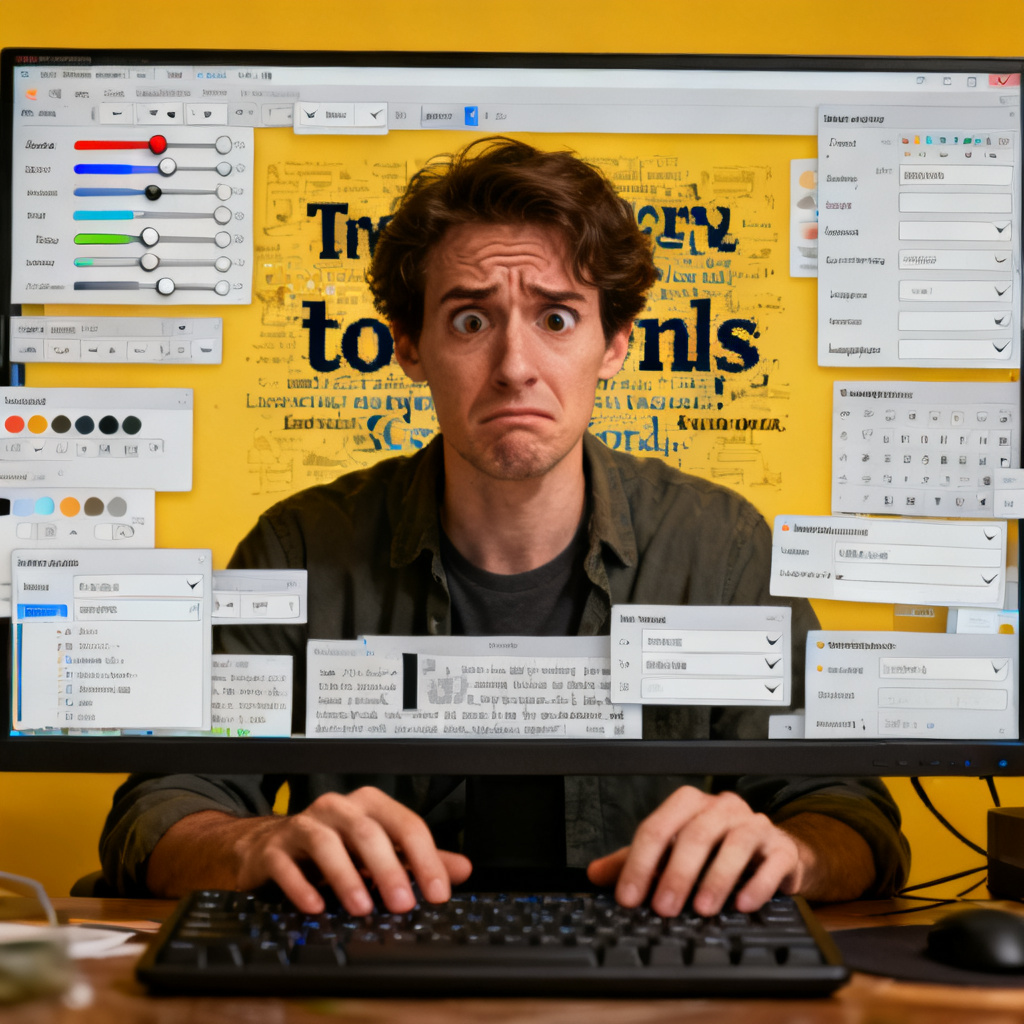 A cluttered and complex user interface of a traditional word cloud software, with multiple sliders, dropdown menus, and manual input fields, showing a stressed user.