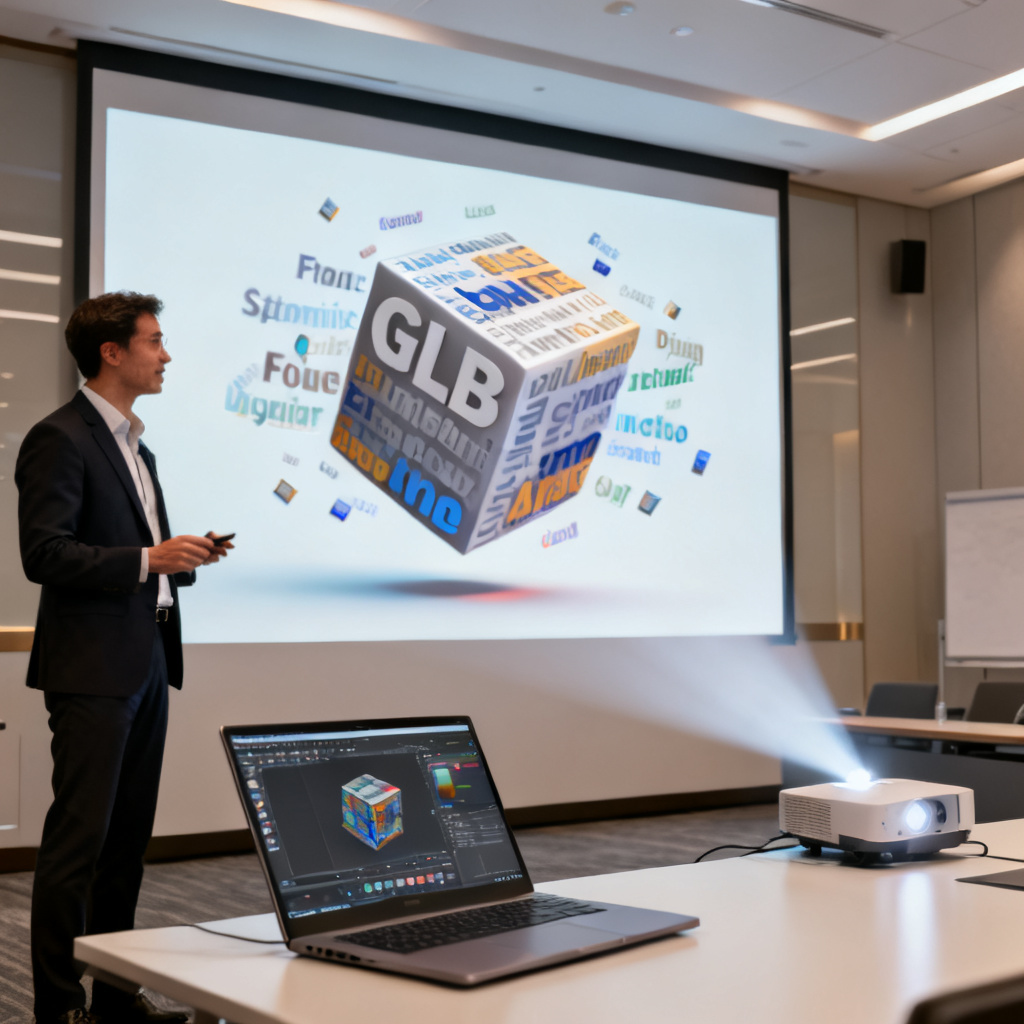 A professional presenting a 3D word cloud from a laptop to a conference room, with the GLB model rotating on the projector screen.
