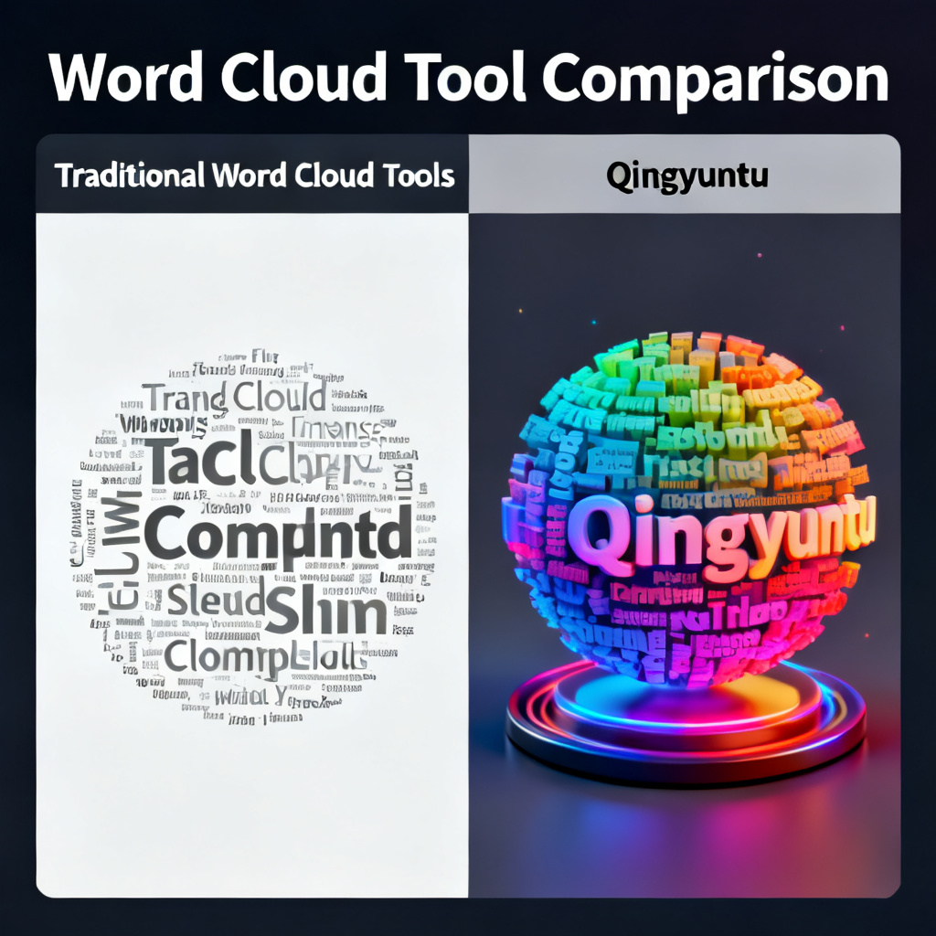 A comparison table between traditional word cloud tools and Qingyuntu, with the left side showing flat, monochrome word clouds and the right side showing 3D animated word clouds with vibrant colors, infographic style, clear labels