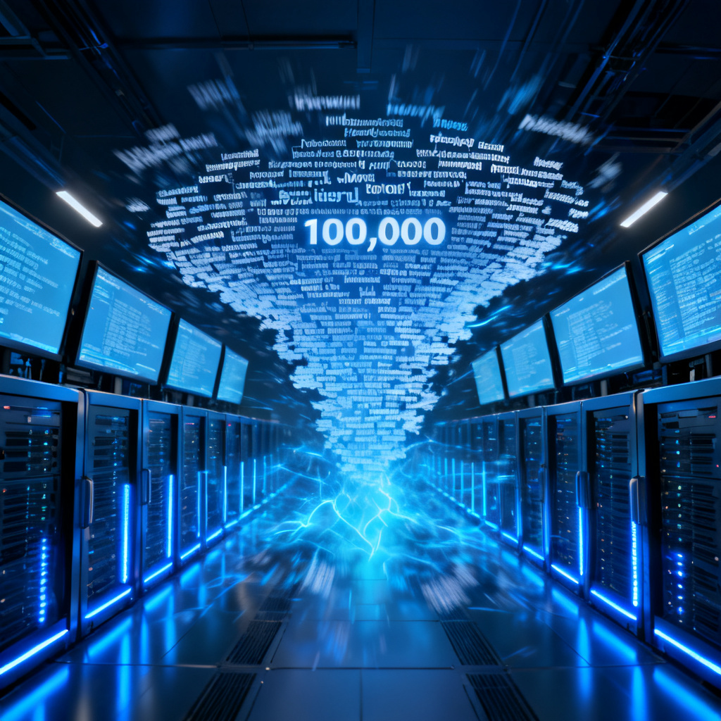 A futuristic data center with screens showing 100,000 text items being processed into a word cloud in seconds, glowing blue light effect